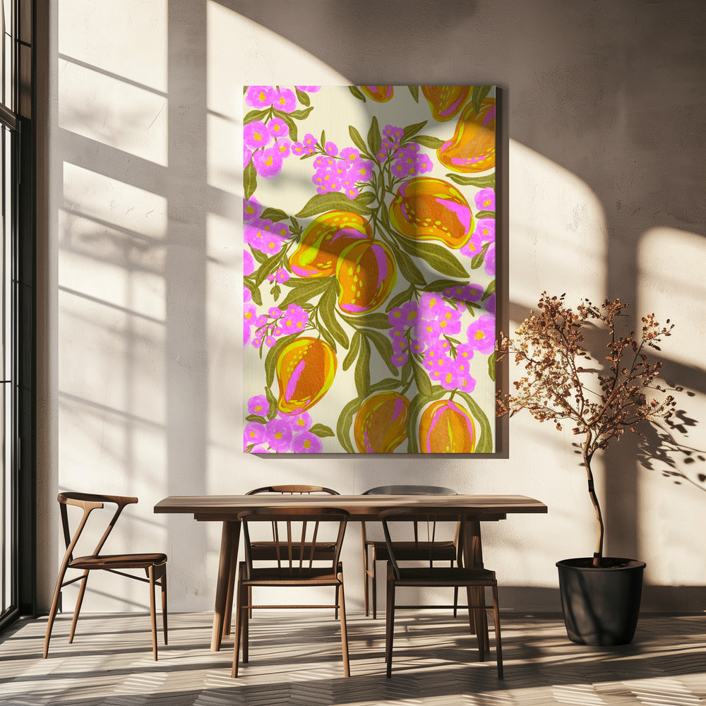 Tropisch thema met weelderige mango's en bloemen | Canvas