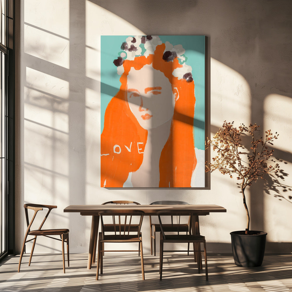 Vrouw met oranje haar versierd met bloemen | Canvas