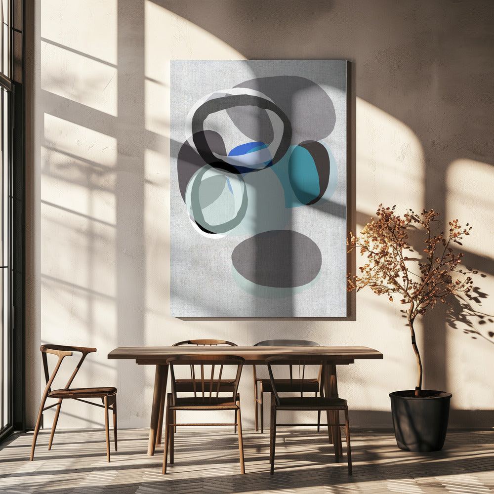 Abstracte vormen in blauw, grijs en zwarte ringen | Canvas