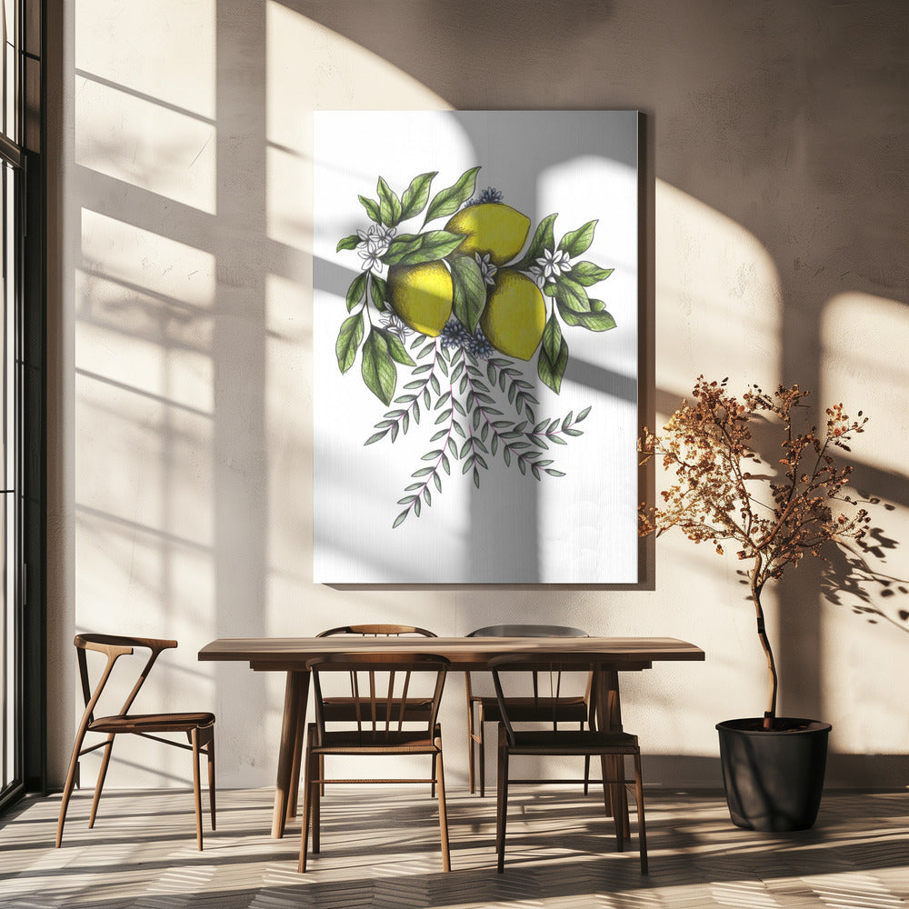 Citroenen en groene bladeren met delicate witte bloesems | Canvas