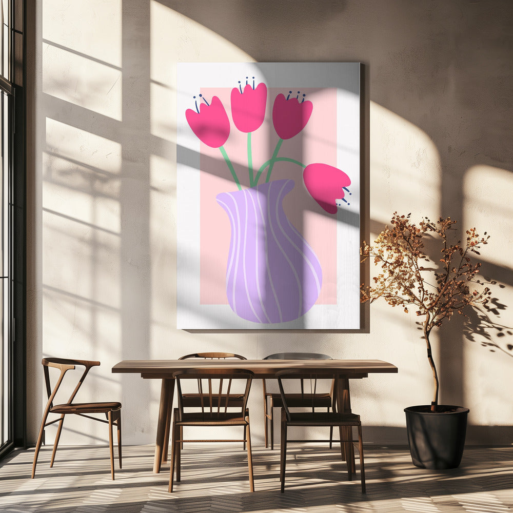 Levendige tulpen in een gestreepte lavendelvaas | Canvas
