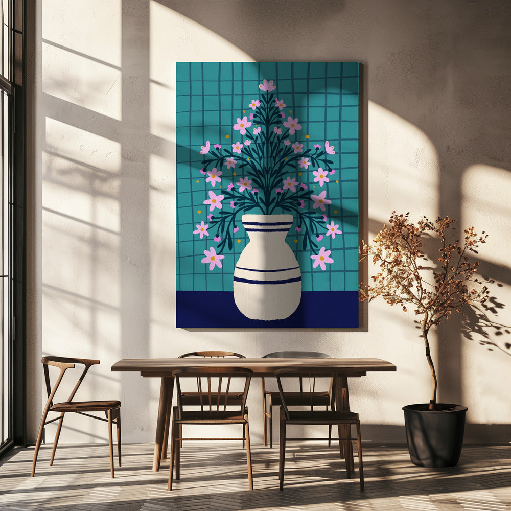 Turquoise bloemen in een vaas | Canvas