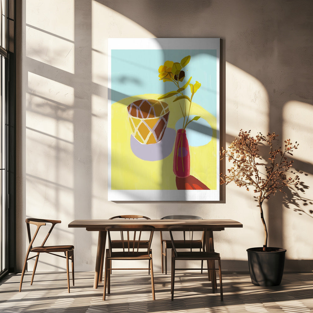 Gele bloemen in een rode pot | Canvas