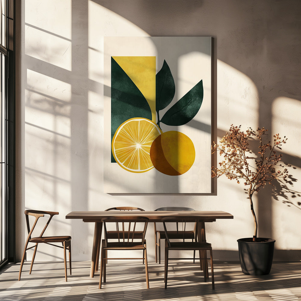 Gele citroen met groene bladeren Sereniteit | Canvas