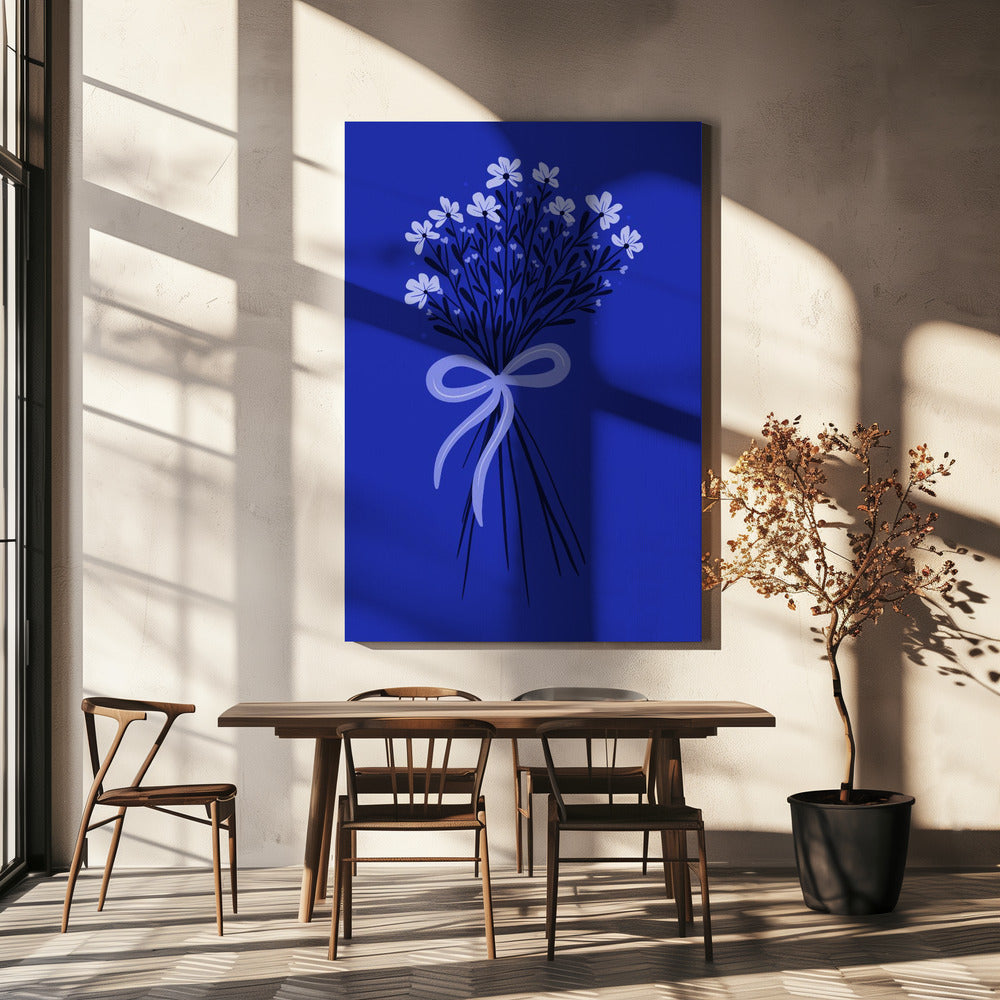Bloemenboeket met strik - monochroom blauw | Canvas