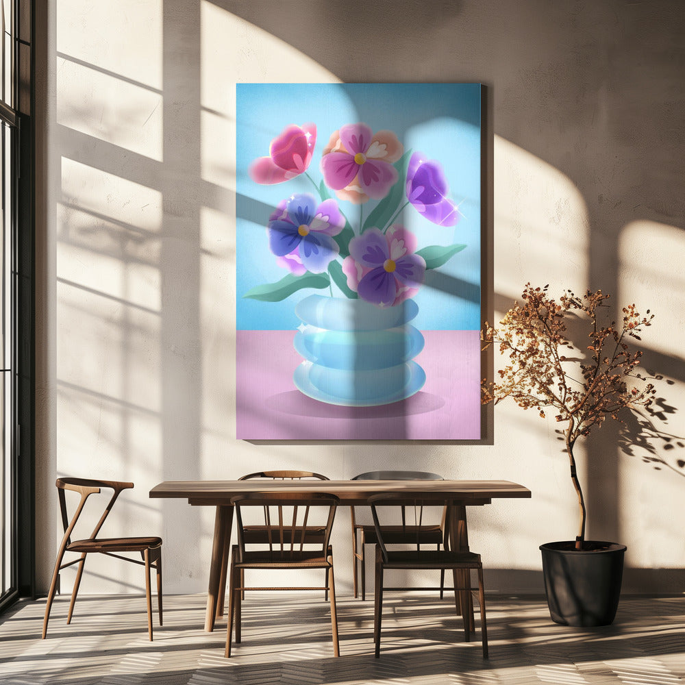 Bloemblaadjes in blauwe vaas | Canvas