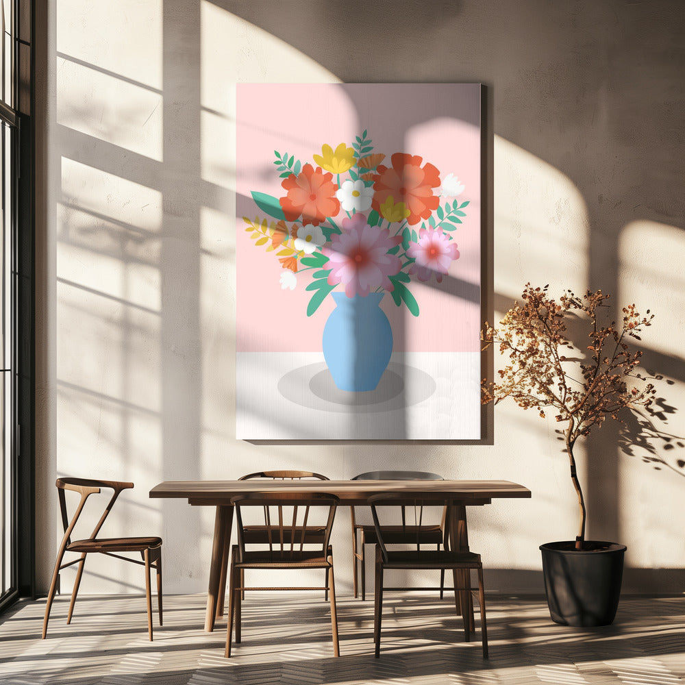 Levendig boeket bloemen in een blauwe vaas | Canvas