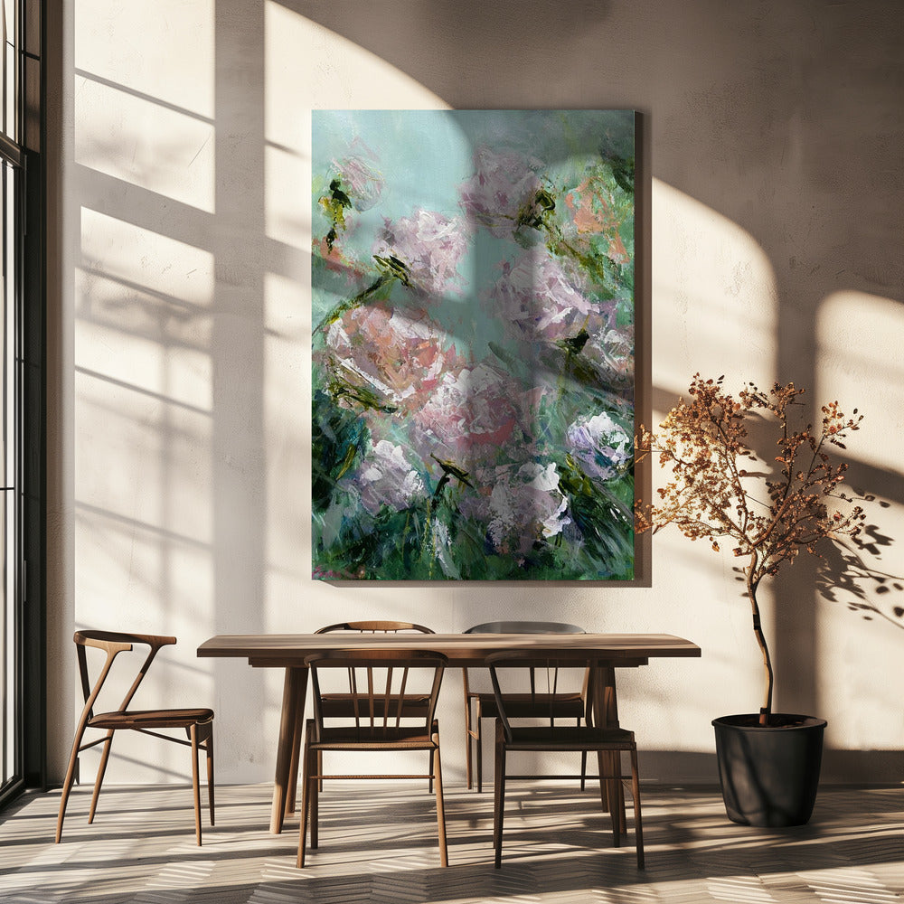 Bloemenpenseelstreken in roze en groen | Canvas