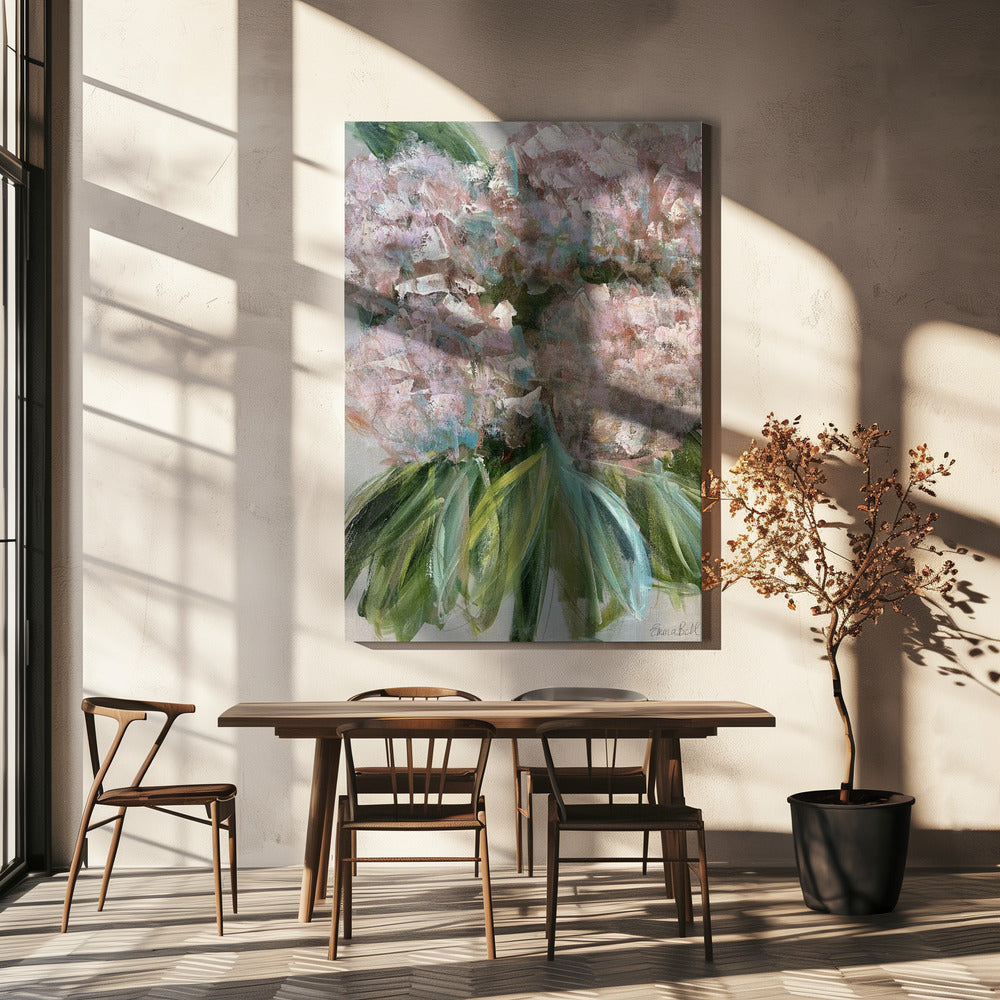 Roze hortensia's met groene bladeren | Canvas