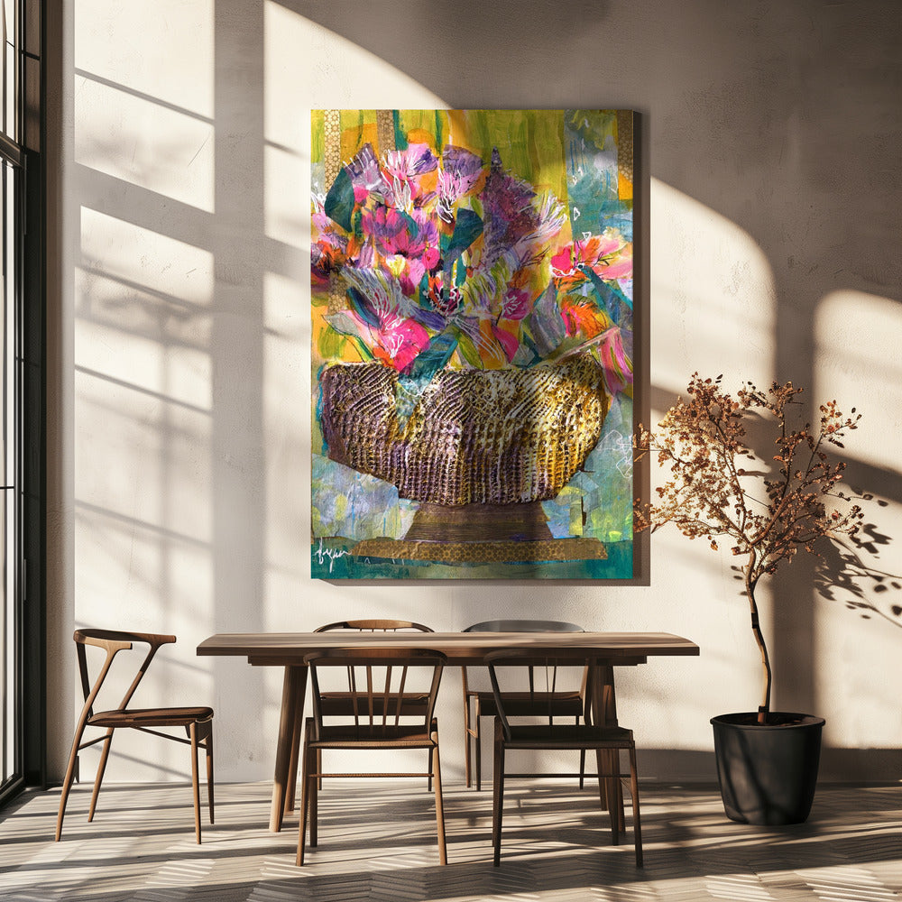 Gouden mand met kleurrijke bloemen | Canvas