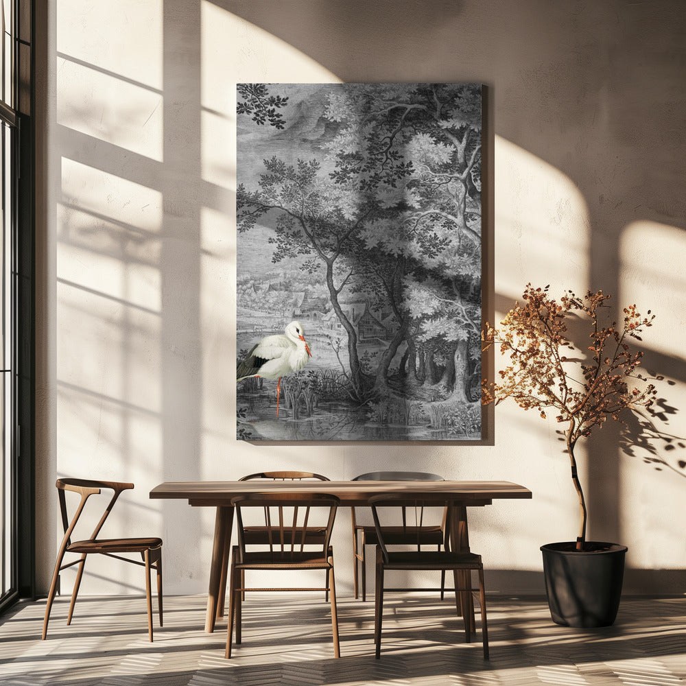 Vintage landschap met ooievaar | Canvas