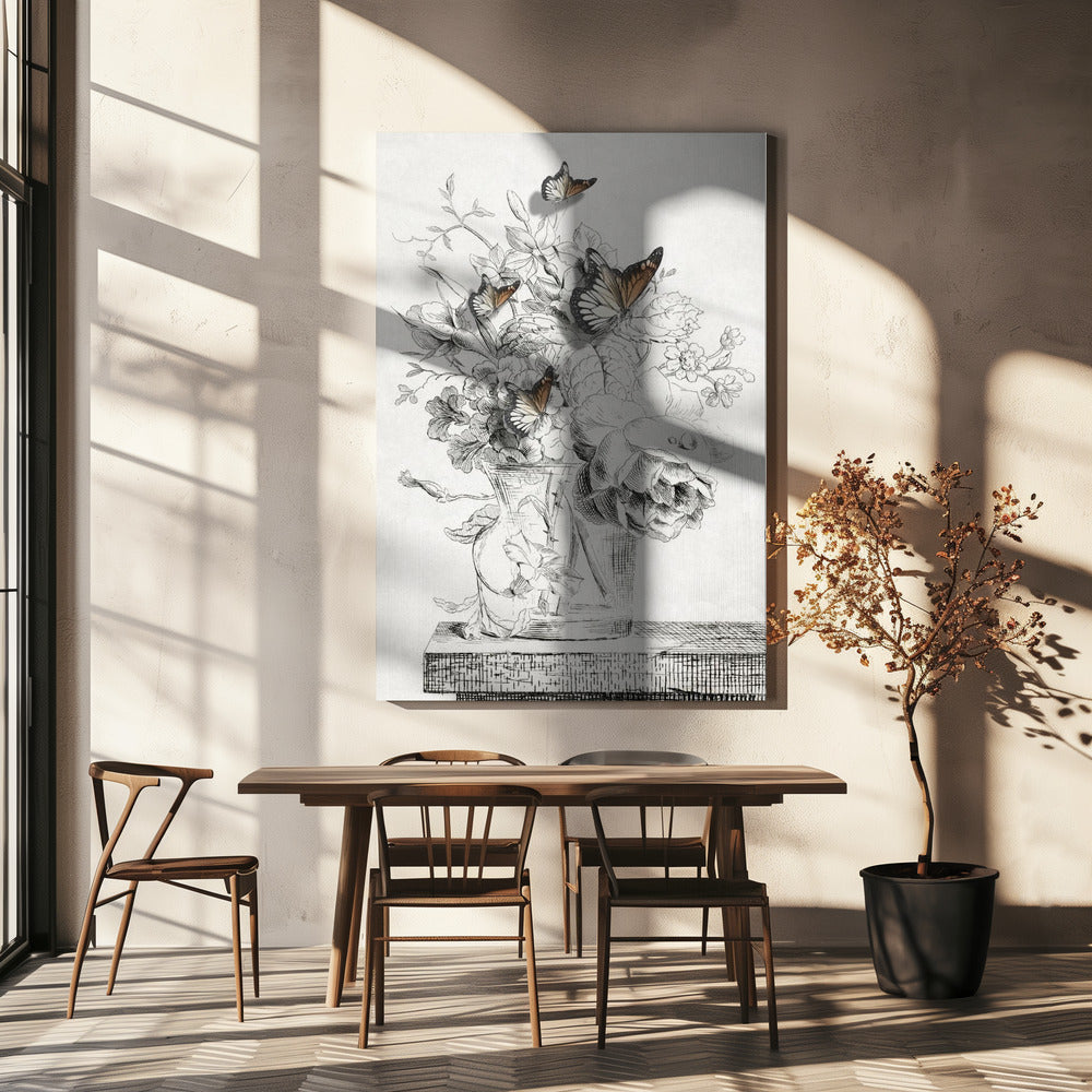De vlinders en de vaas met bloemen | Canvas