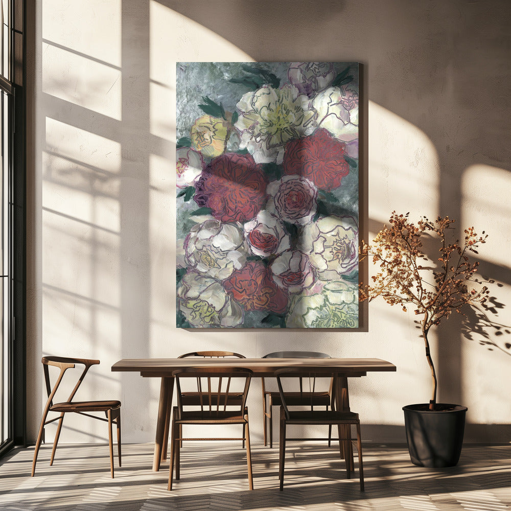 Levendige rode en witte pioenrozen | Canvas