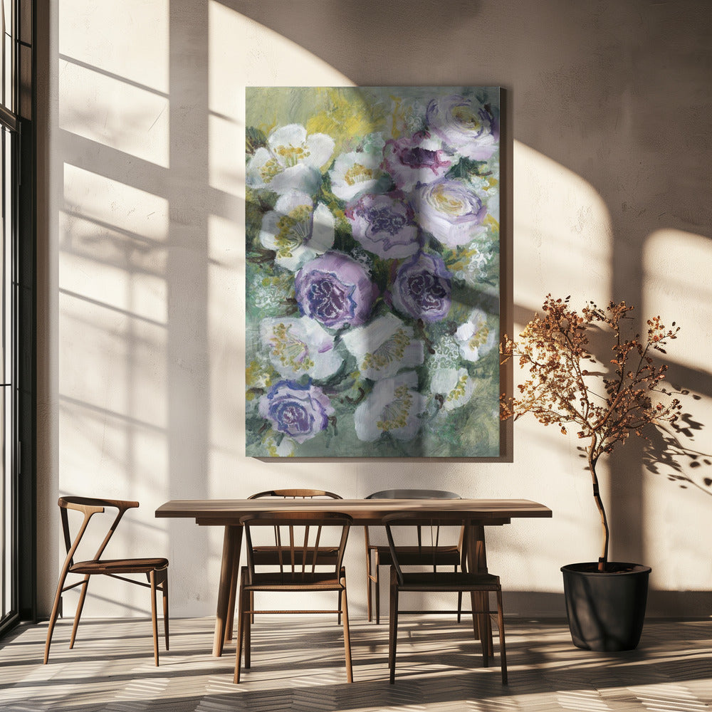 Bloemencompositie met witte en paarse bloemen | Canvas