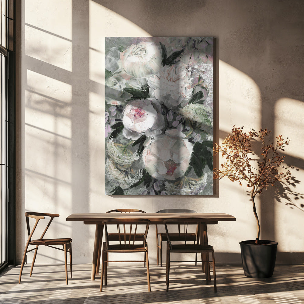 Bloemencompositie met witte en roze bloemen | Canvas
