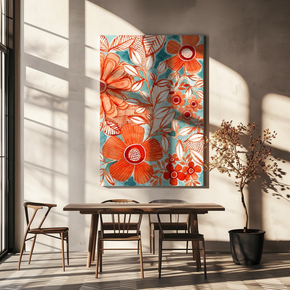 Rode madeliefjes met aqua | Canvas