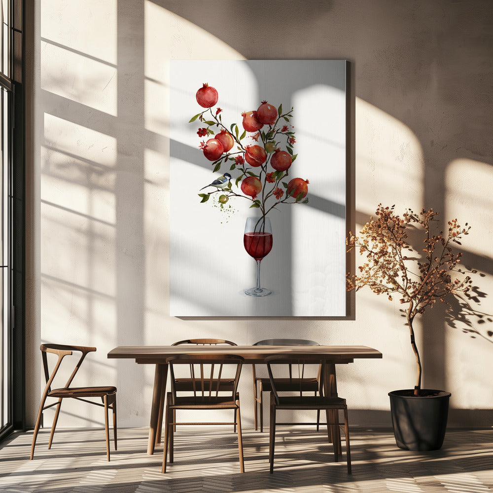 Granaatappel in een glas wijn | Canvas
