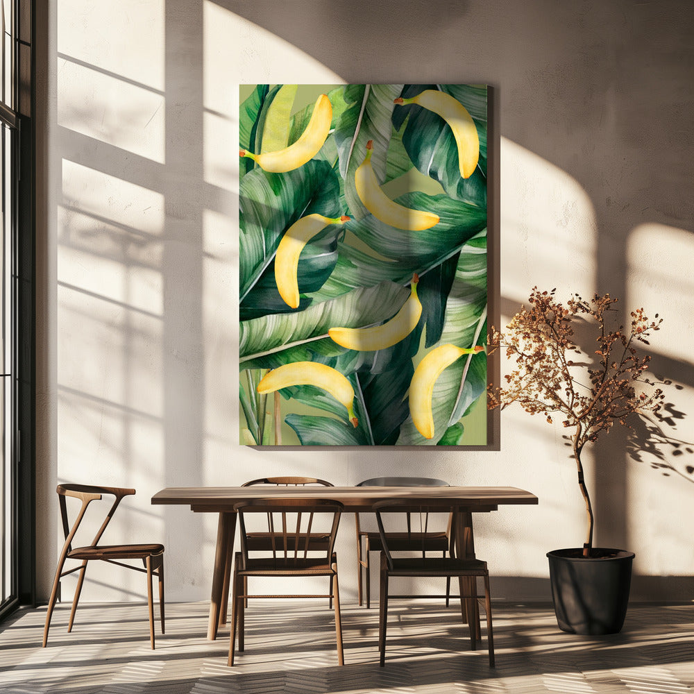 Vers bananen- en weelderig tropisch bladerenesthetisch patroon - natuurlijk aquarelontwerp | Canvas