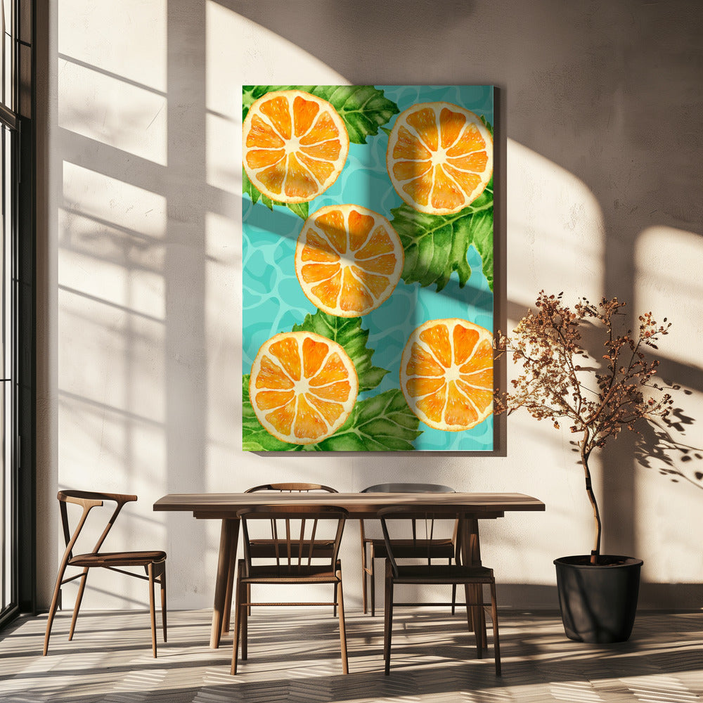 Levendig esthetisch patroon van sinaasappelschijfjes en bladeren - Verfrissende zomerse aquarel | Canvas