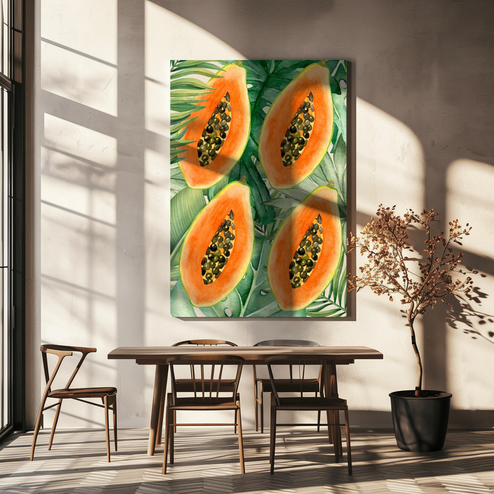 Exotische papaja en weelderige groene bladeren esthetisch patroon - Tropische botanische aquarel | Canvas