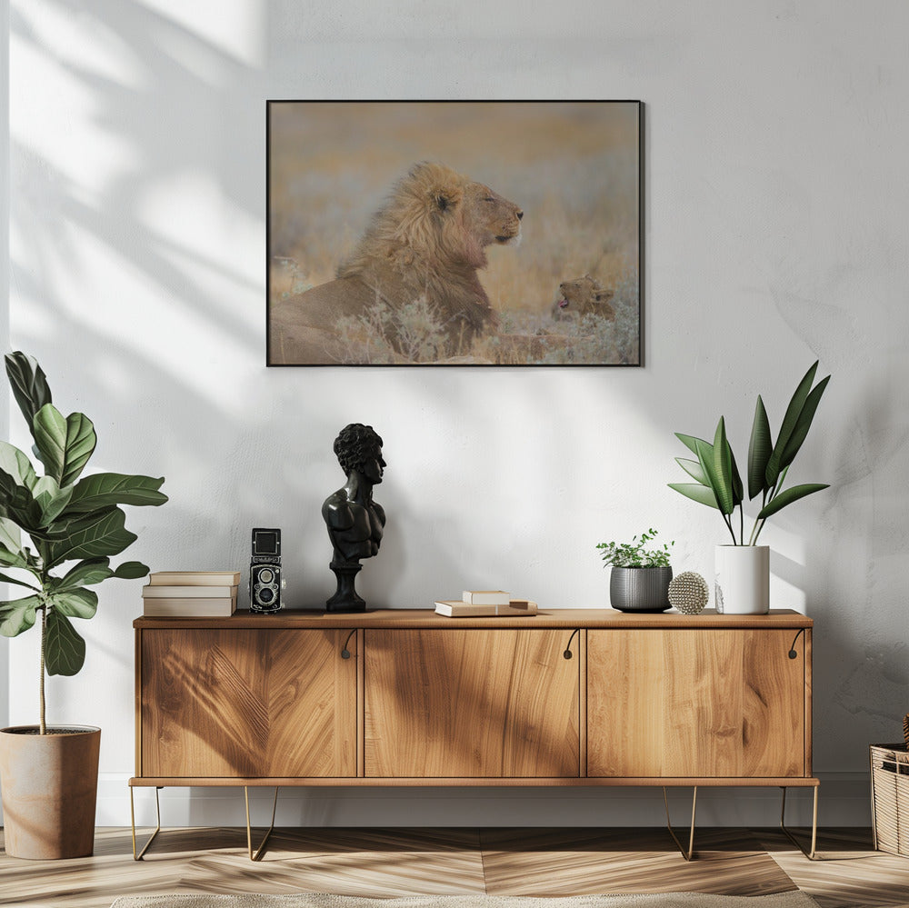 Mannetjesleeuw met welp | Poster