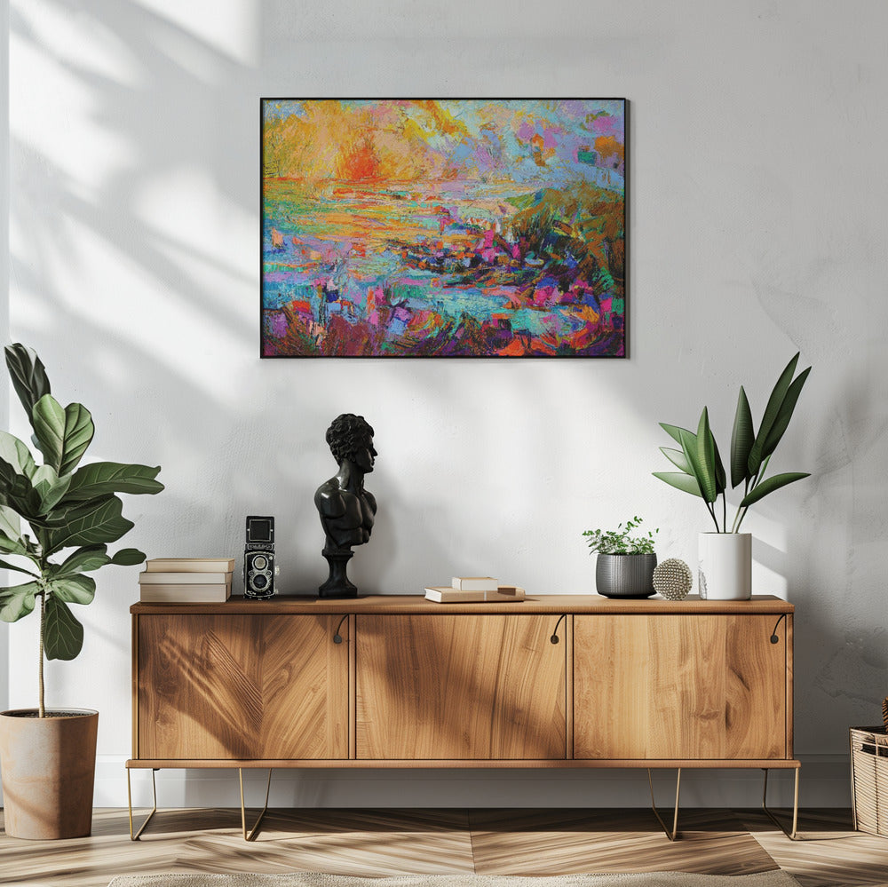 Zonsondergang boven een levendig landschap | Poster