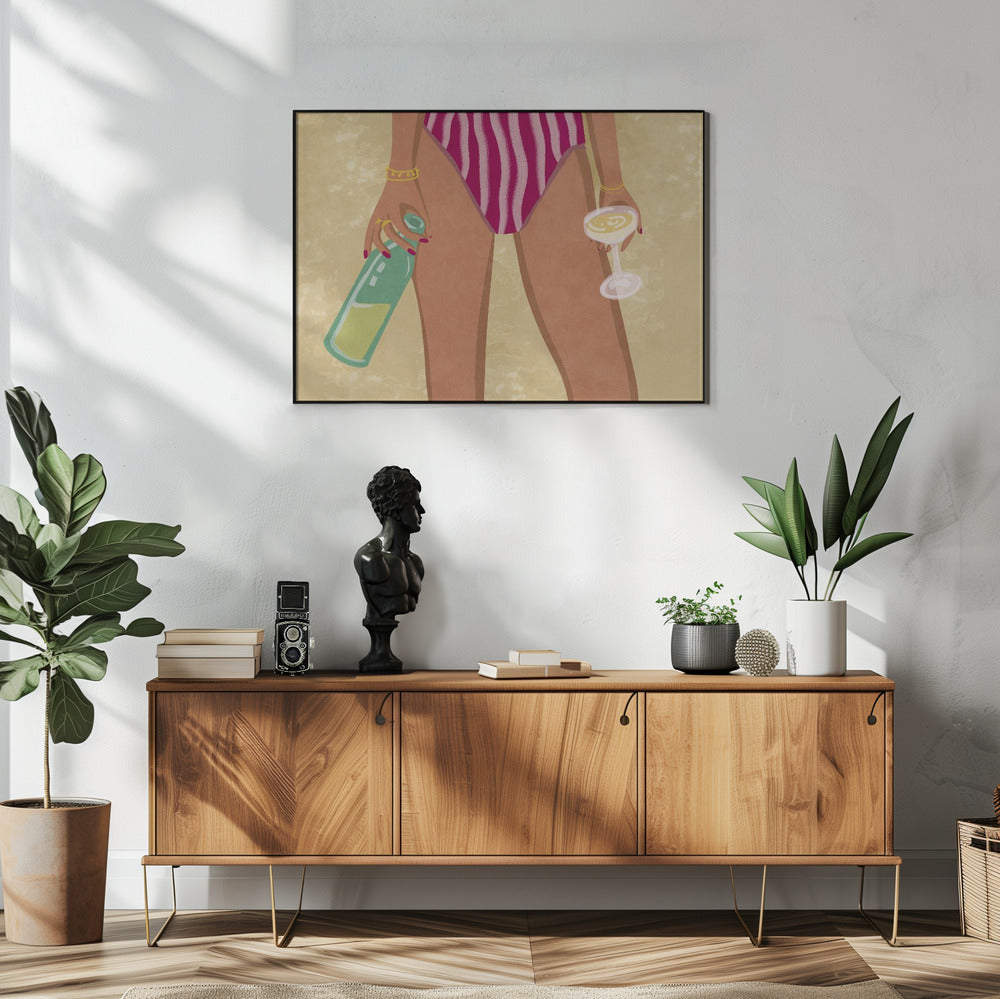 Meisje met wijn op het strand | Poster