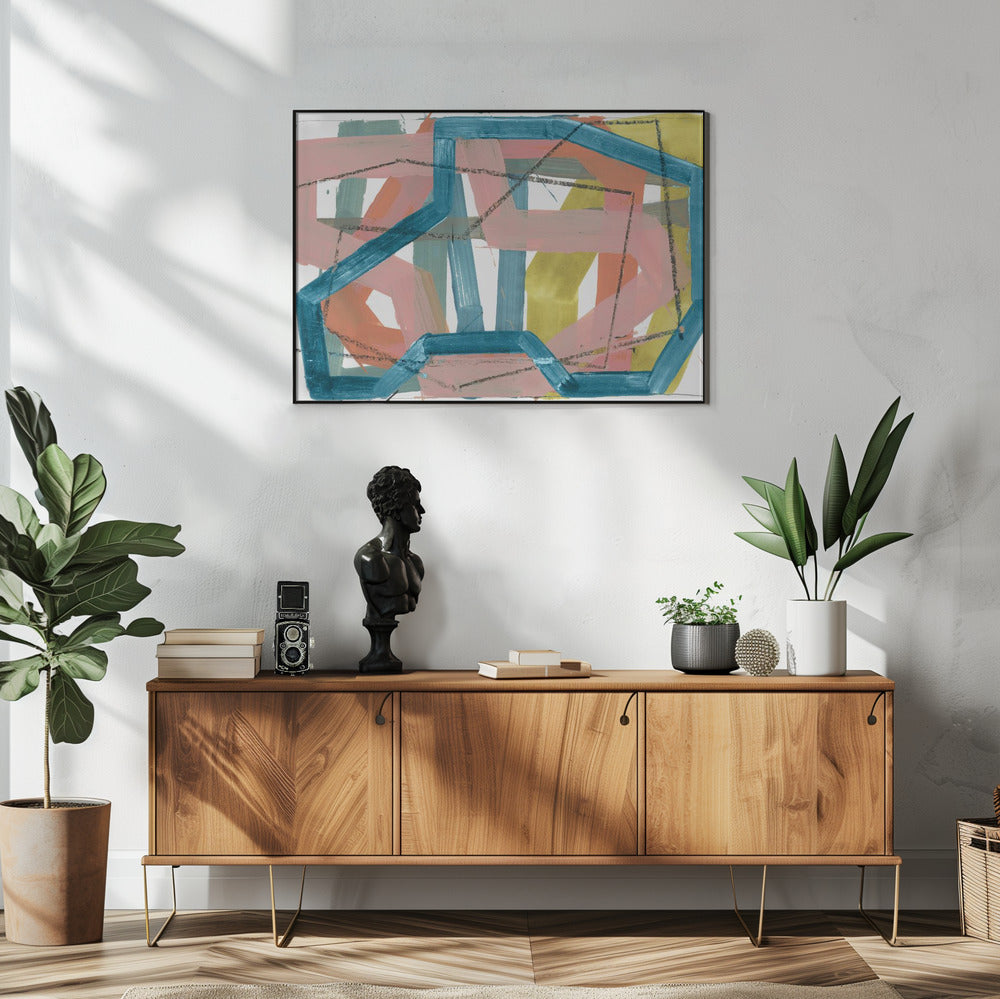 Blauwe en roze abstracte lijnen kunstdruk | Poster