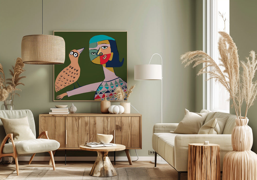 Dame met vogel | Canvas