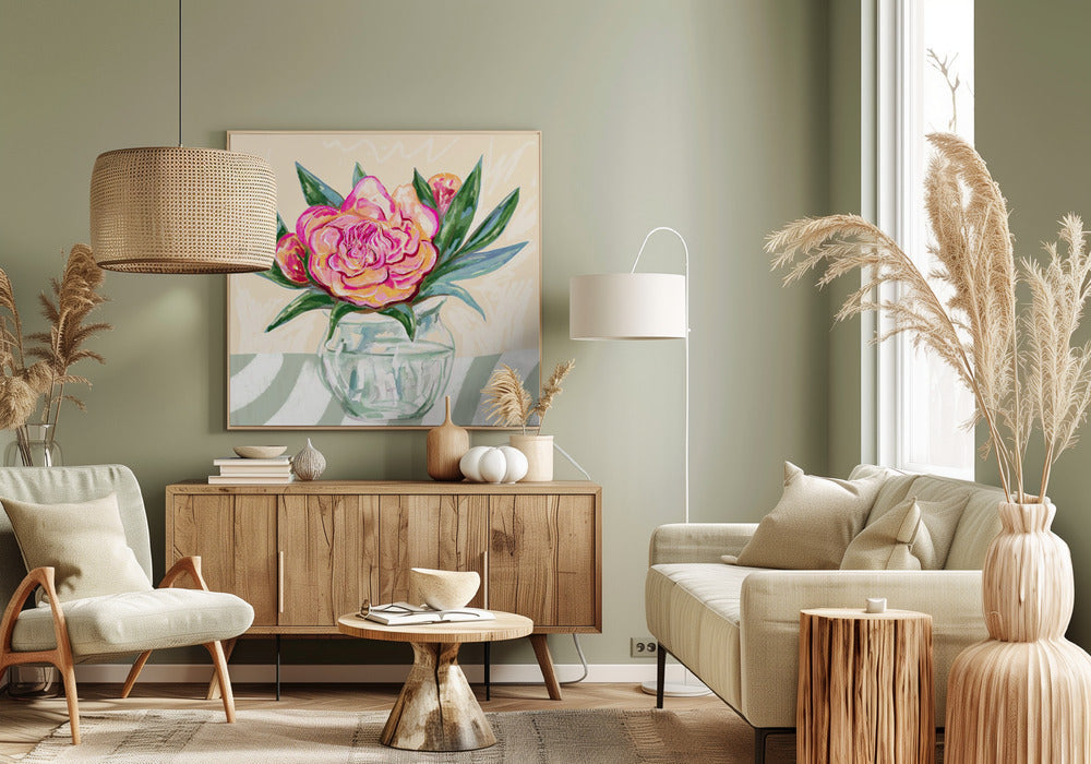 Pioenroos in glazen vaas | Canvas