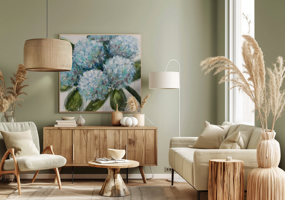 Blauwe hortensia's met groene bladeren | Canvas