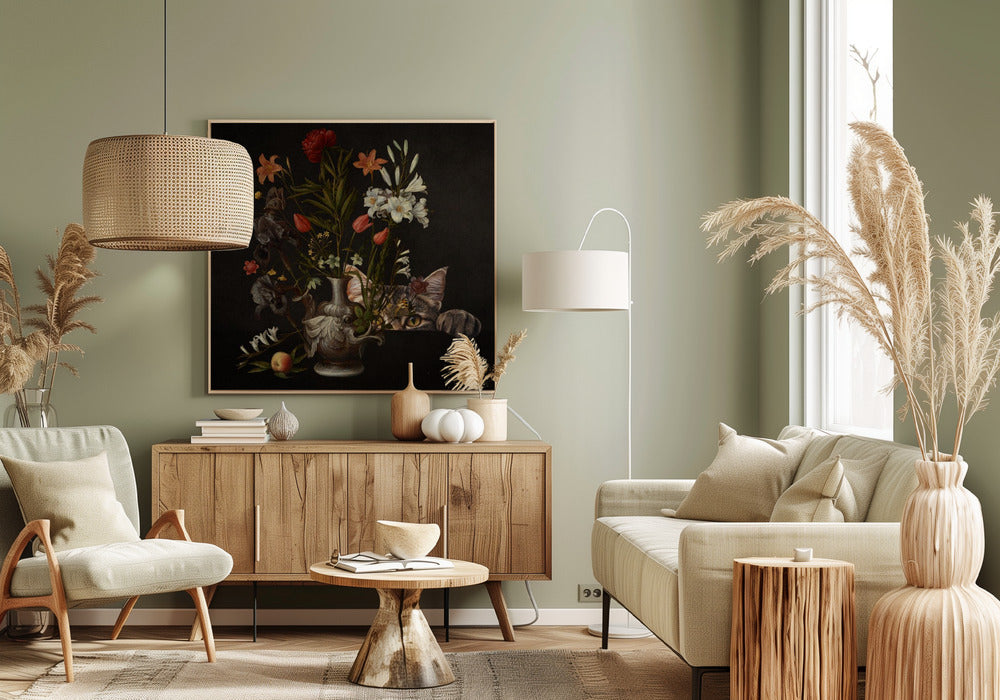Vintage vaas met levendige bloemen | Canvas