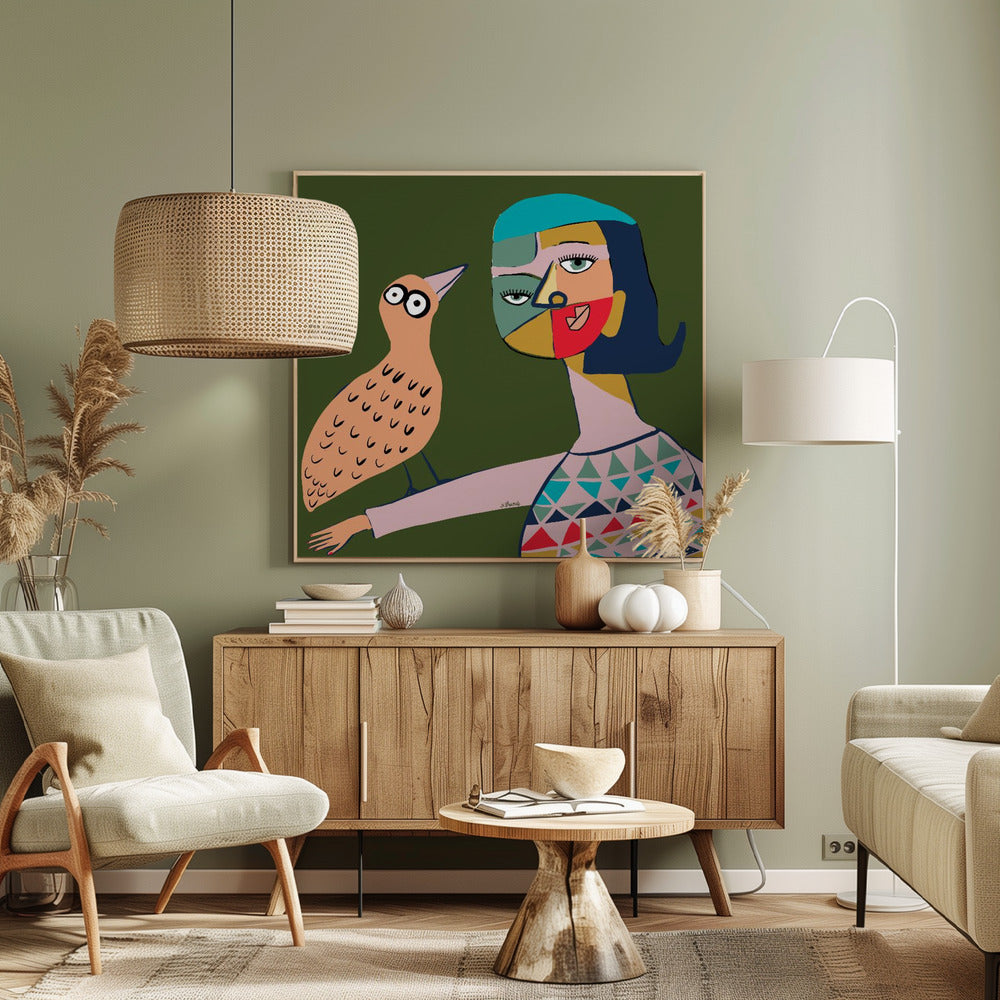 Dame met vogel | Canvas