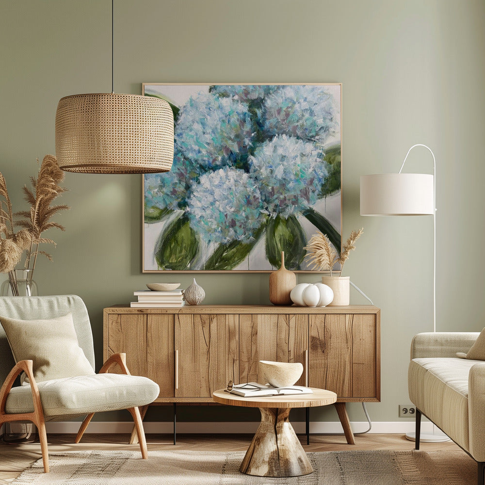 Blauwe hortensia's met groene bladeren | Canvas