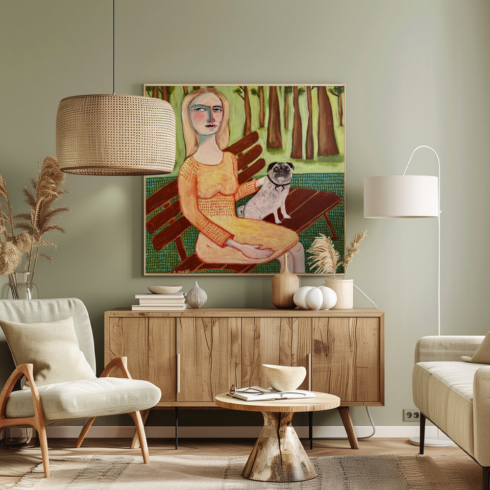 Dame met hond Mopshond | Canvas