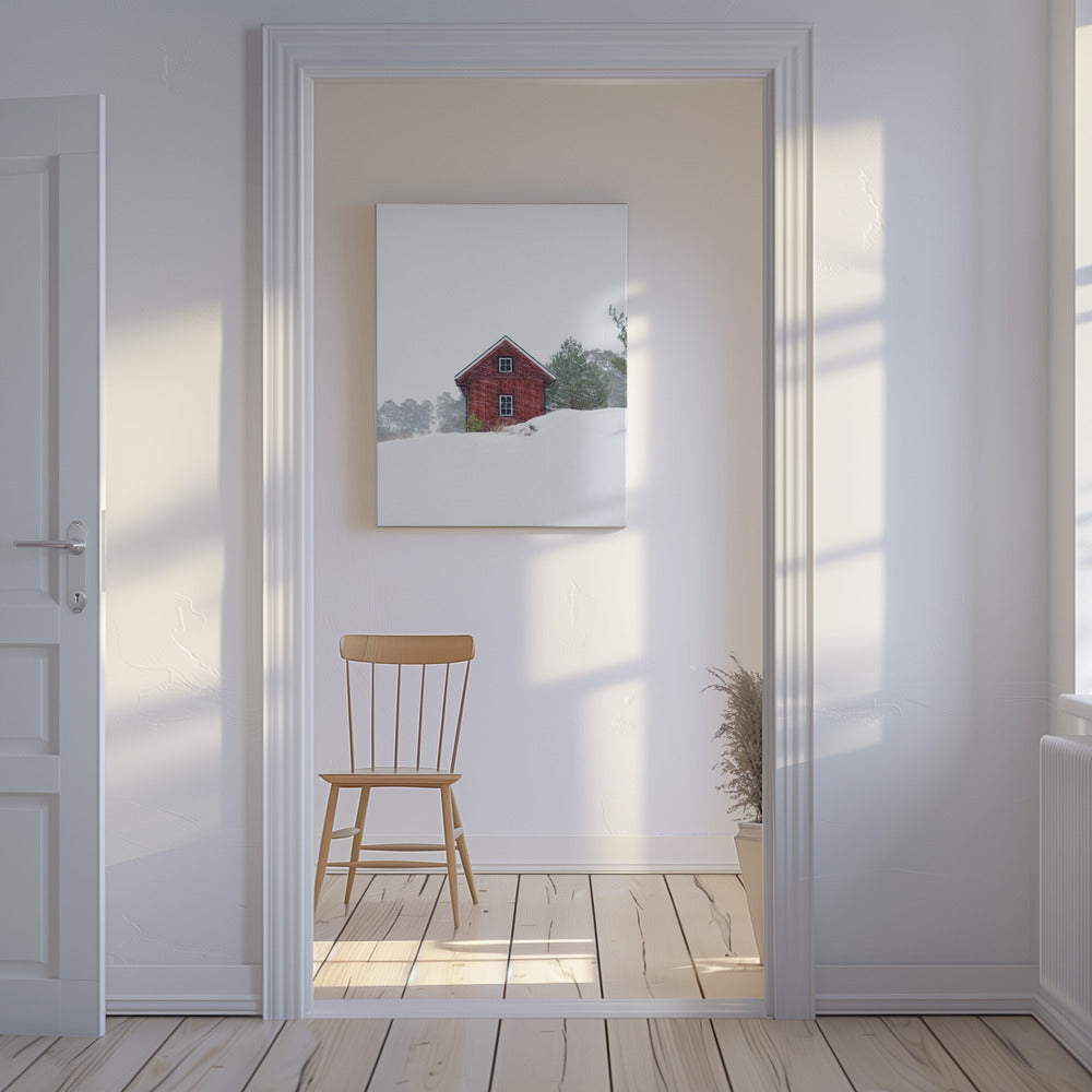 Oud rood huis tijdens sneeuwstorm | Canvas