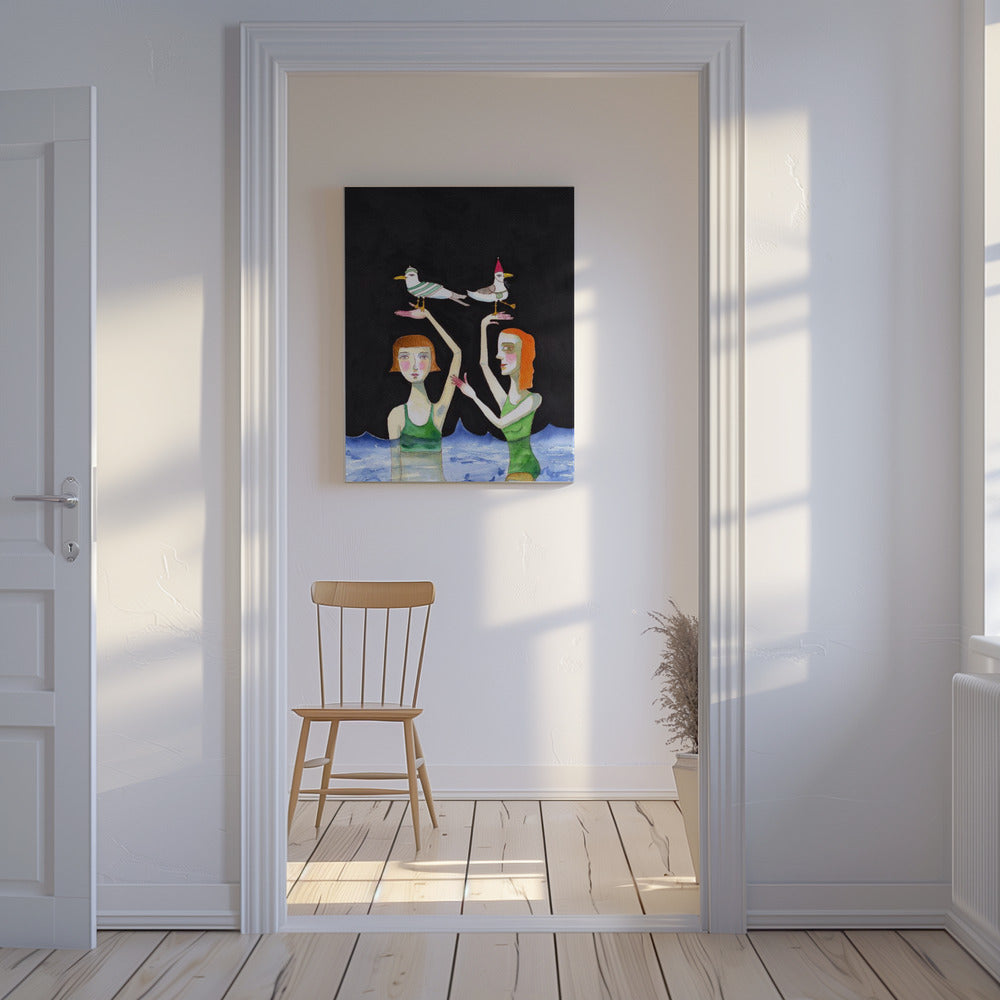 Beste vrienden zwemmen met vogels | Canvas