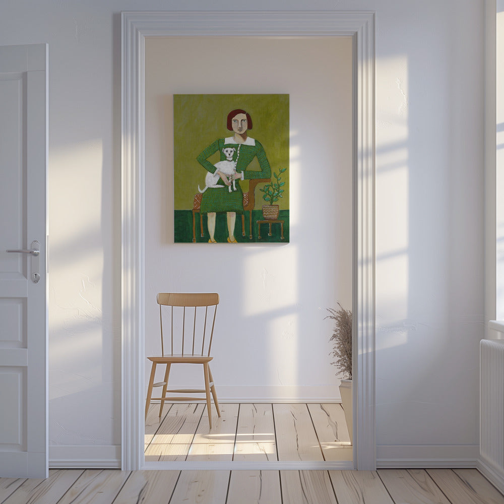 Vintage dame met haar witte hond | Canvas