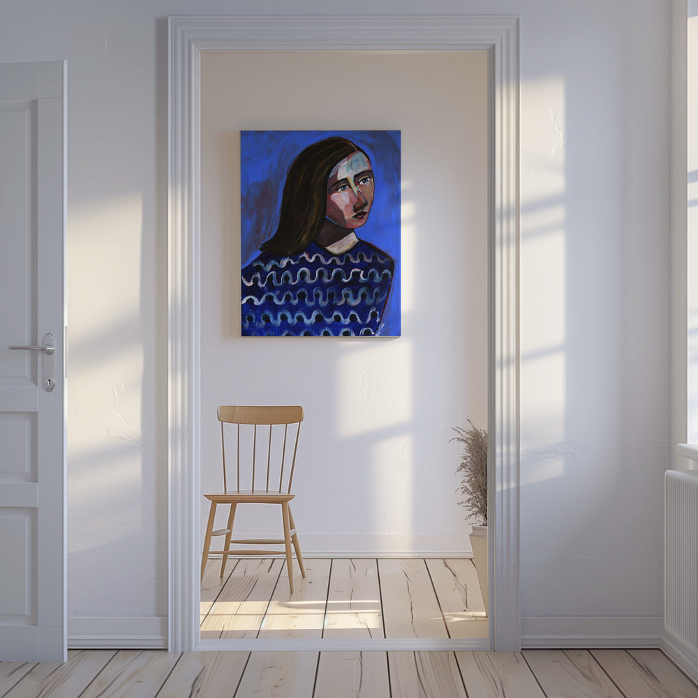 Vrouw in blauwe trui Naïef portret figuratief | Canvas