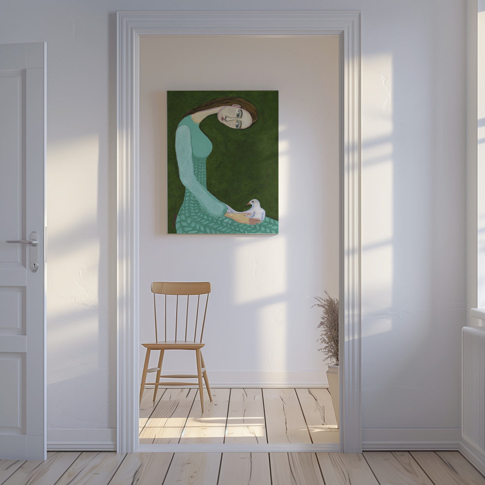 Dame zittend met witte duif vogel vrouw | Canvas