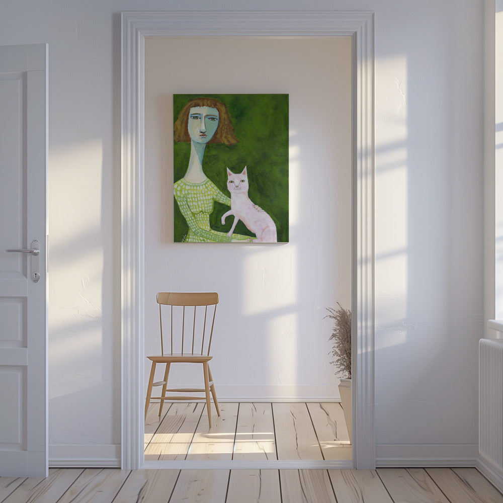 Kattenvrouw met roze kat | Canvas