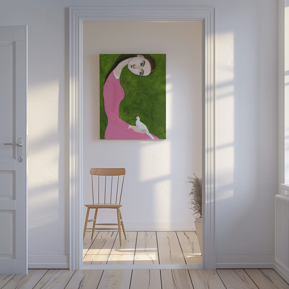 Meisje met duif zittend met roze jurk | Canvas