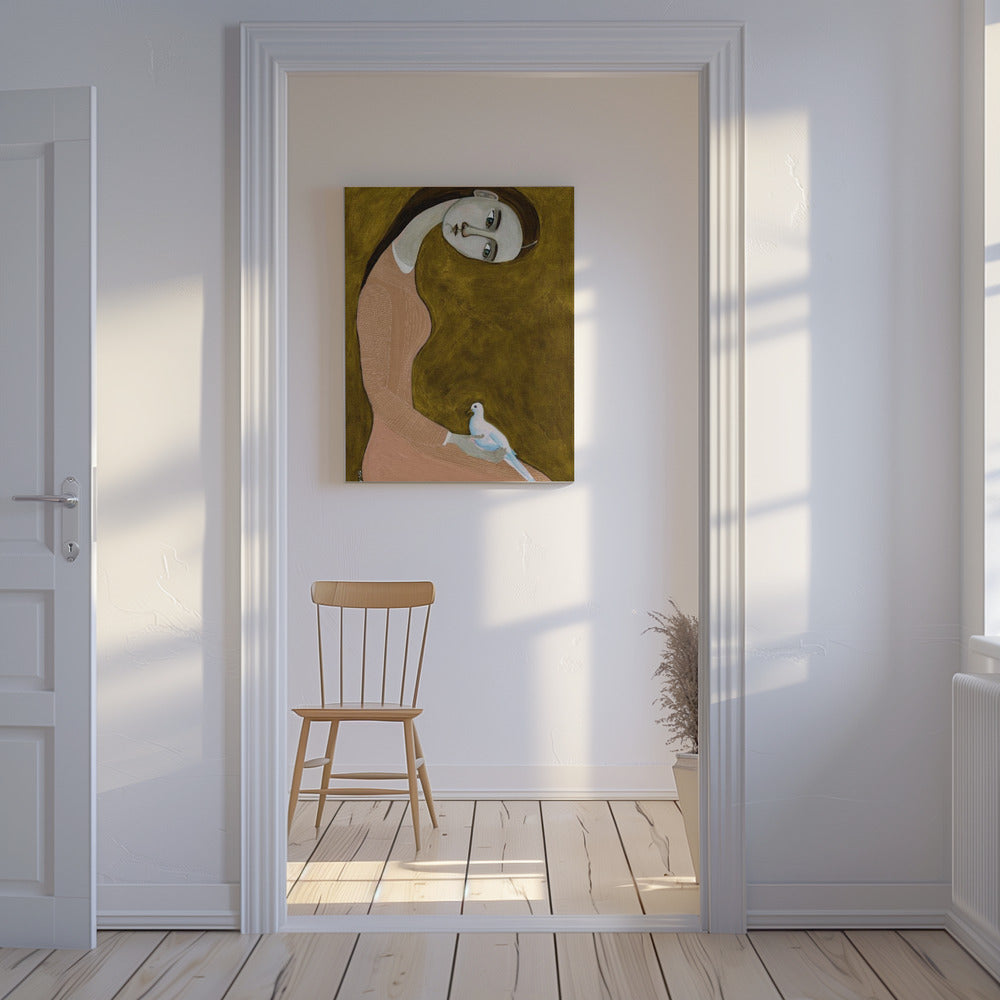 Meisje met duif zittend met roze jurk | Canvas