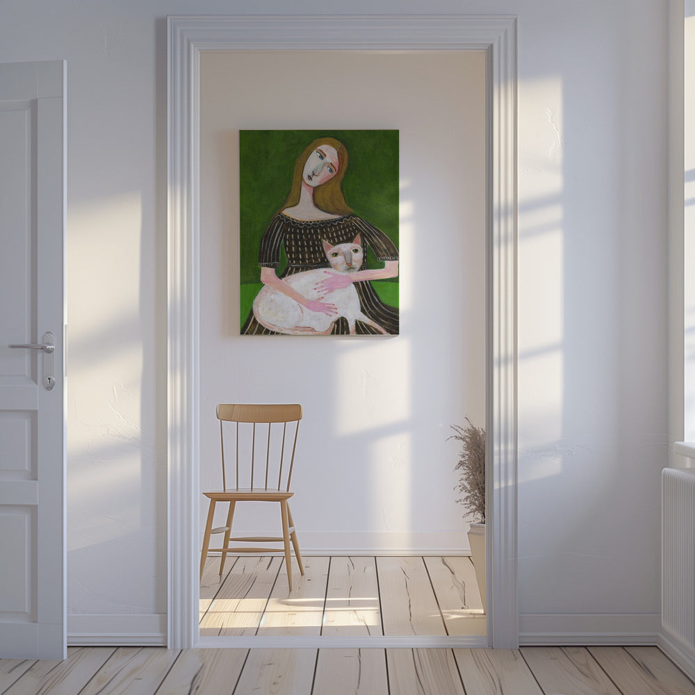 Vintage dame met witte kat | Canvas