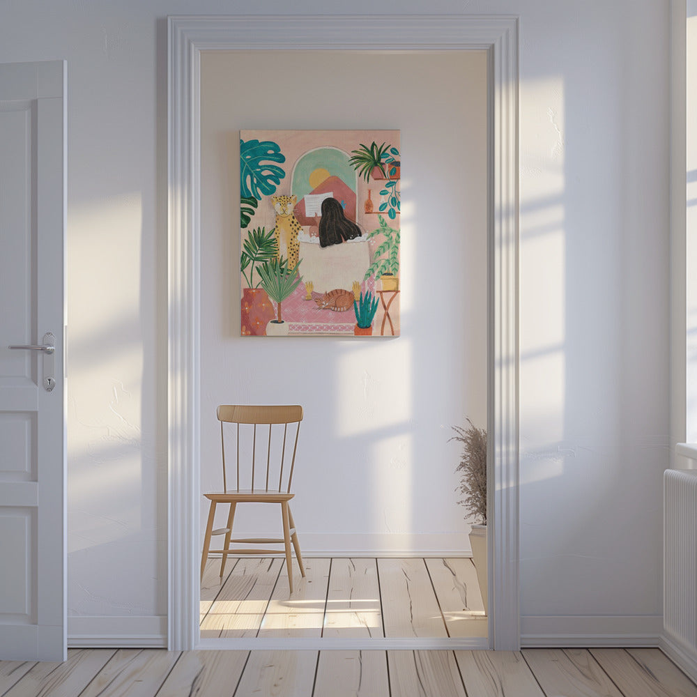 Woman taking bath in pink tropical bathroom | Canvas