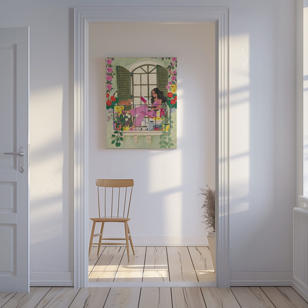 Woman reads on balcony | Canvas