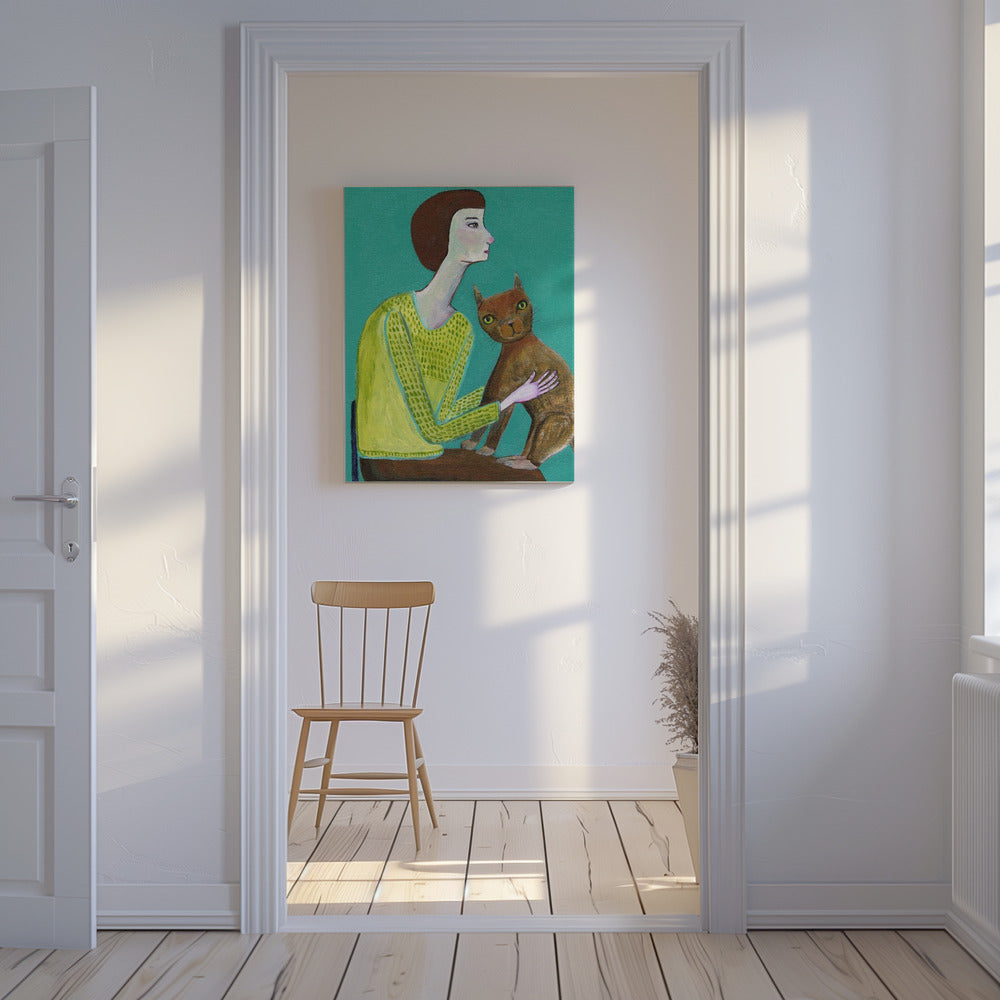 Dame zittend met bruine kat Kattenliefhebber | Canvas