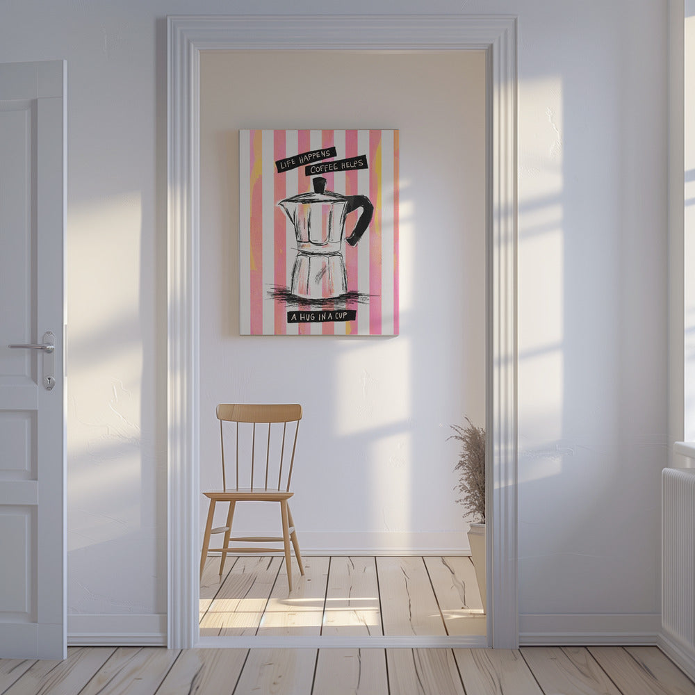 Mocca koffie op strepen - Knuffel in een kopje | Canvas