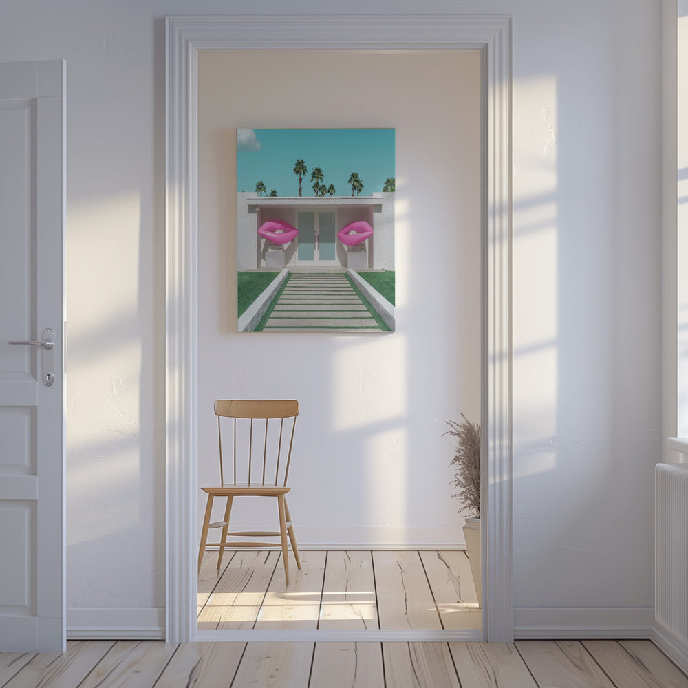 Mid-Century Modern Huis met Roze Lippen | Canvas