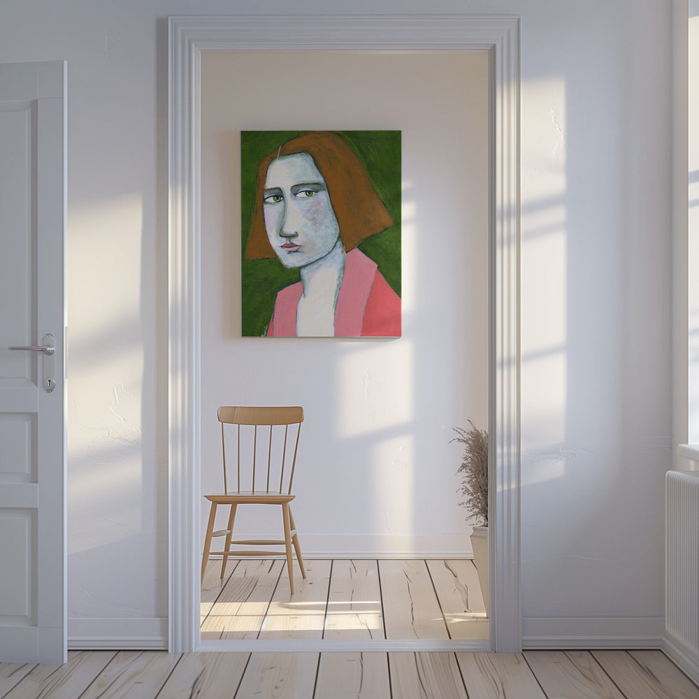 Vrouw in roze jasje | Canvas
